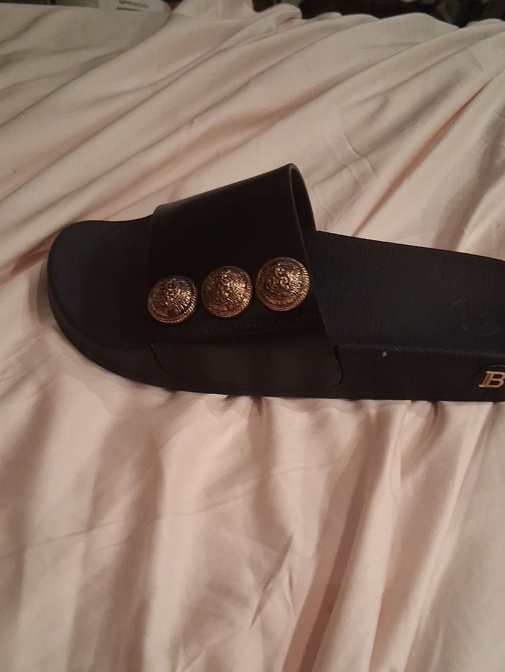 Balmain Black Slide Sandals with Gold Medallion Accents